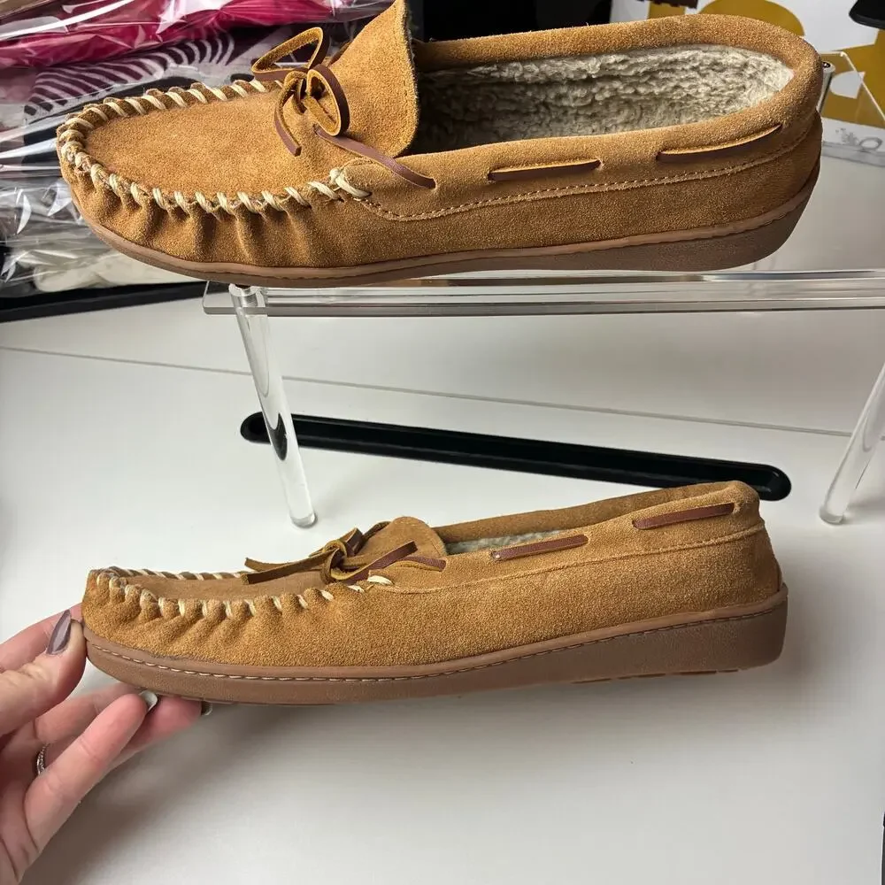 Minnetonka Moccasin Slipper Shoes Men Size 9 Chestnut Leather Slip On READ